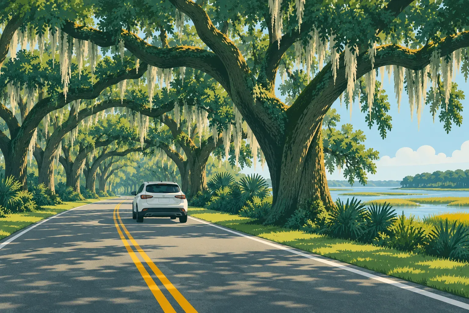 A road beneath live oaks with Spanish moss, a typical landscape of Georgia