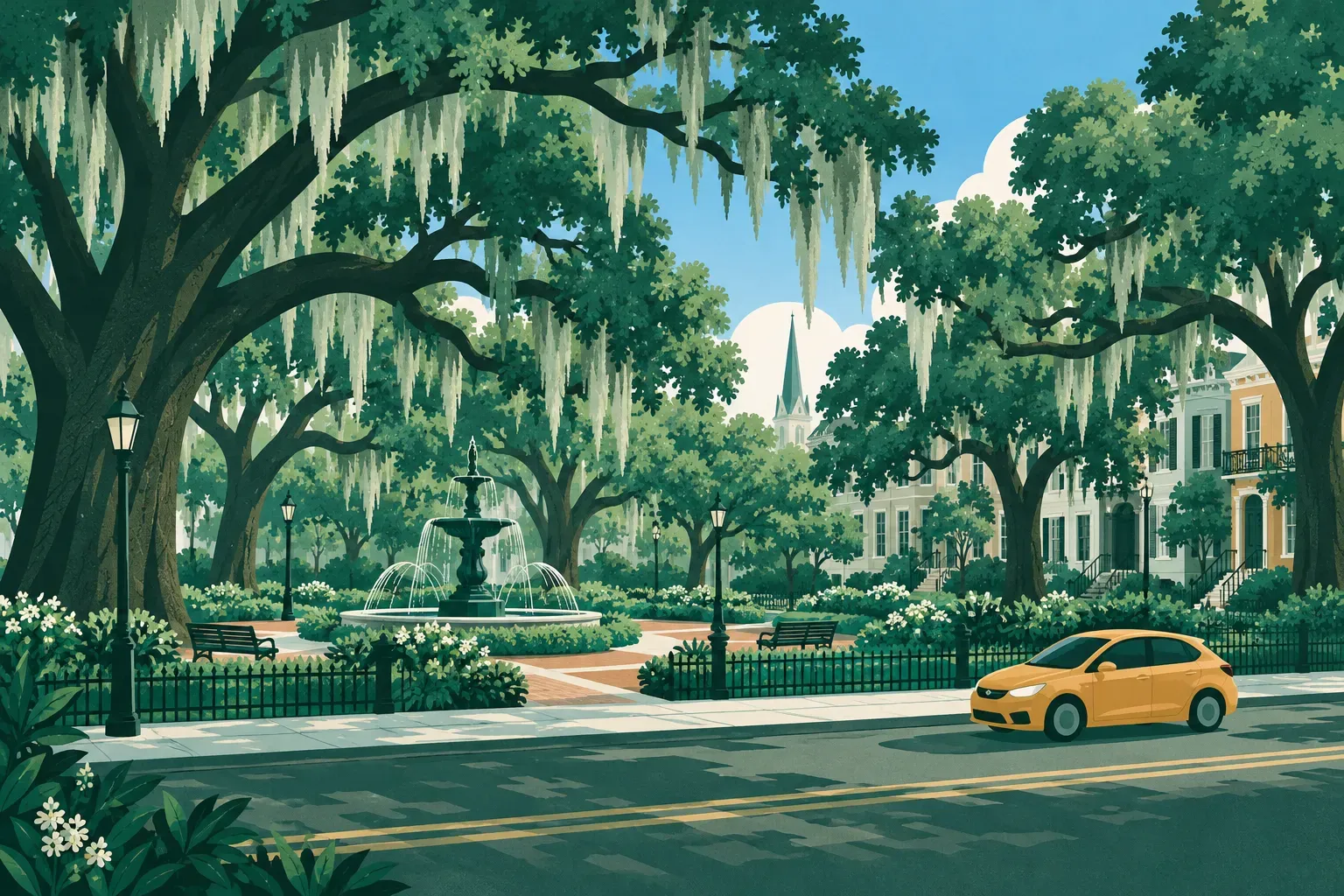 A historic Savannah square shaded by live oaks draped in Spanish moss, in Georgia